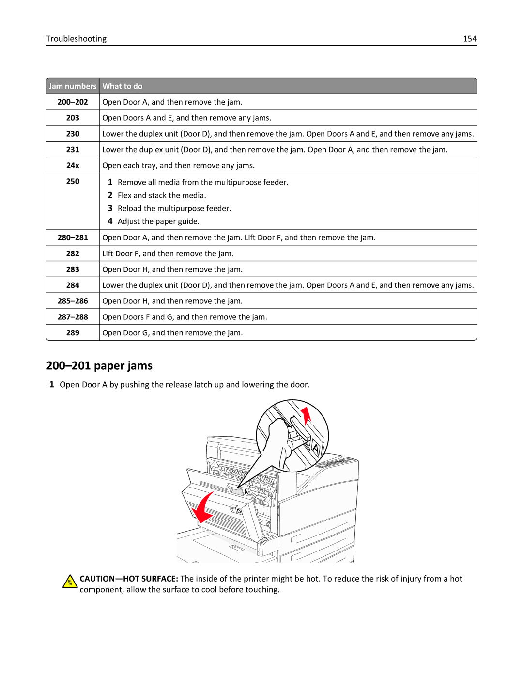 Lexmark W850DN, 110, 19Z0301 manual Paper jams, Troubleshooting 154, 24x Open each tray, and then remove any jams, 289 