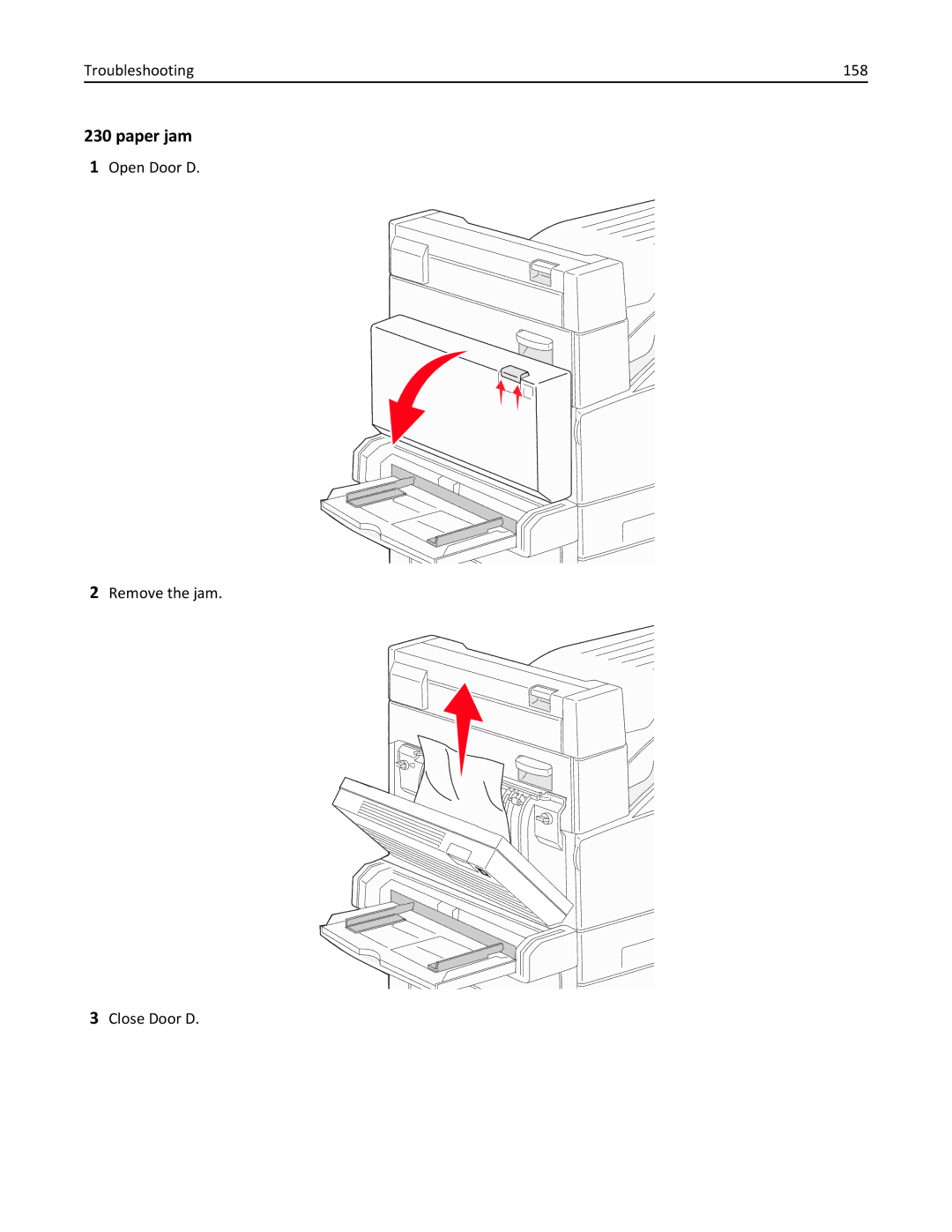 Lexmark 19Z0301, 110, W850DN manual Troubleshooting 158, Open Door D Remove the jam Close Door D 