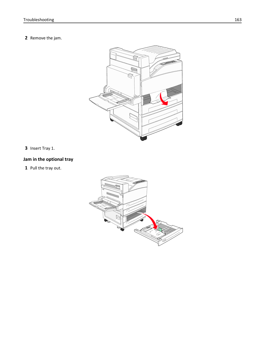 Lexmark W850DN, 110, 19Z0301 manual Jam in the optional tray, Troubleshooting 163 Remove the jam Insert Tray 