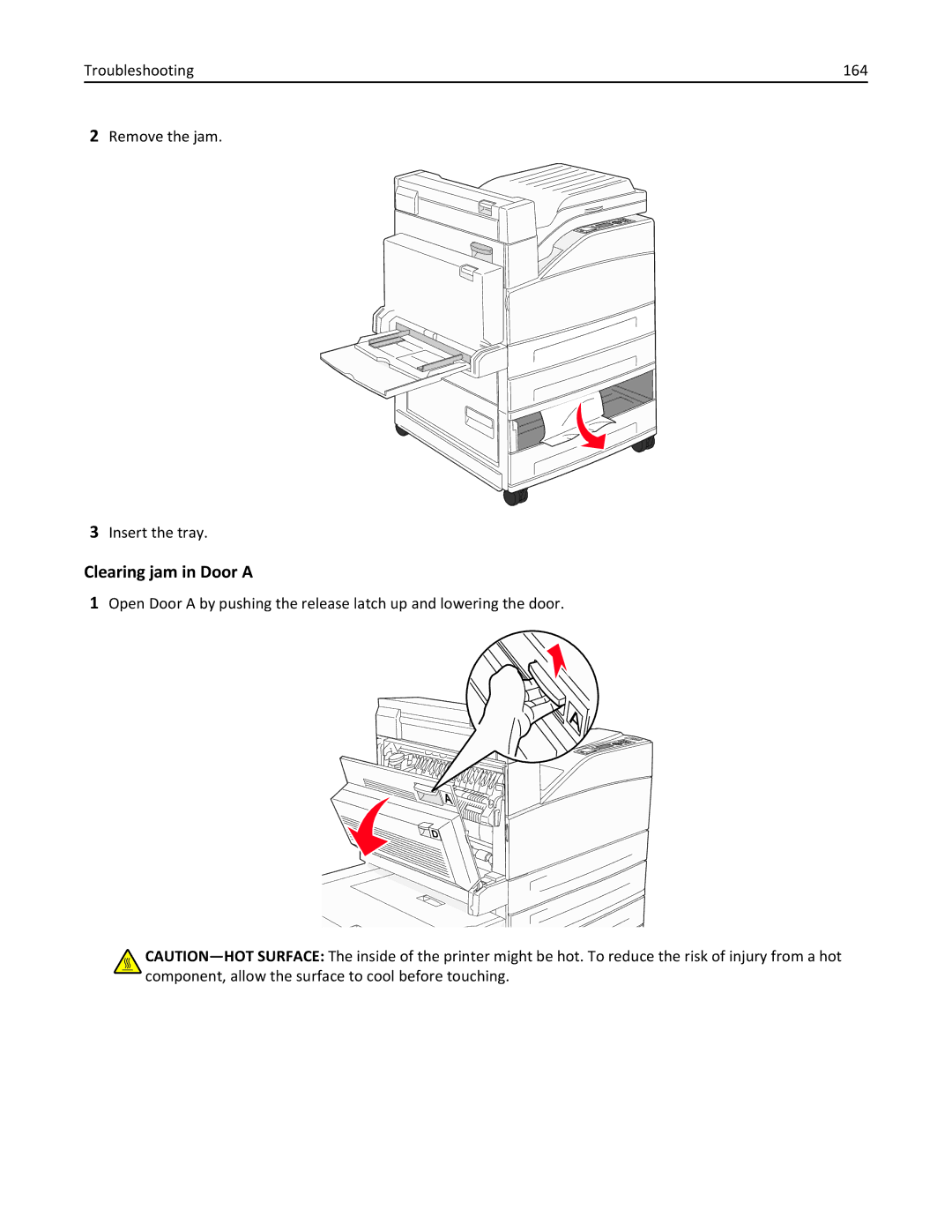 Lexmark 19Z0301, 110, W850DN manual Clearing jam in Door a, Troubleshooting 164 Remove the jam Insert the tray 