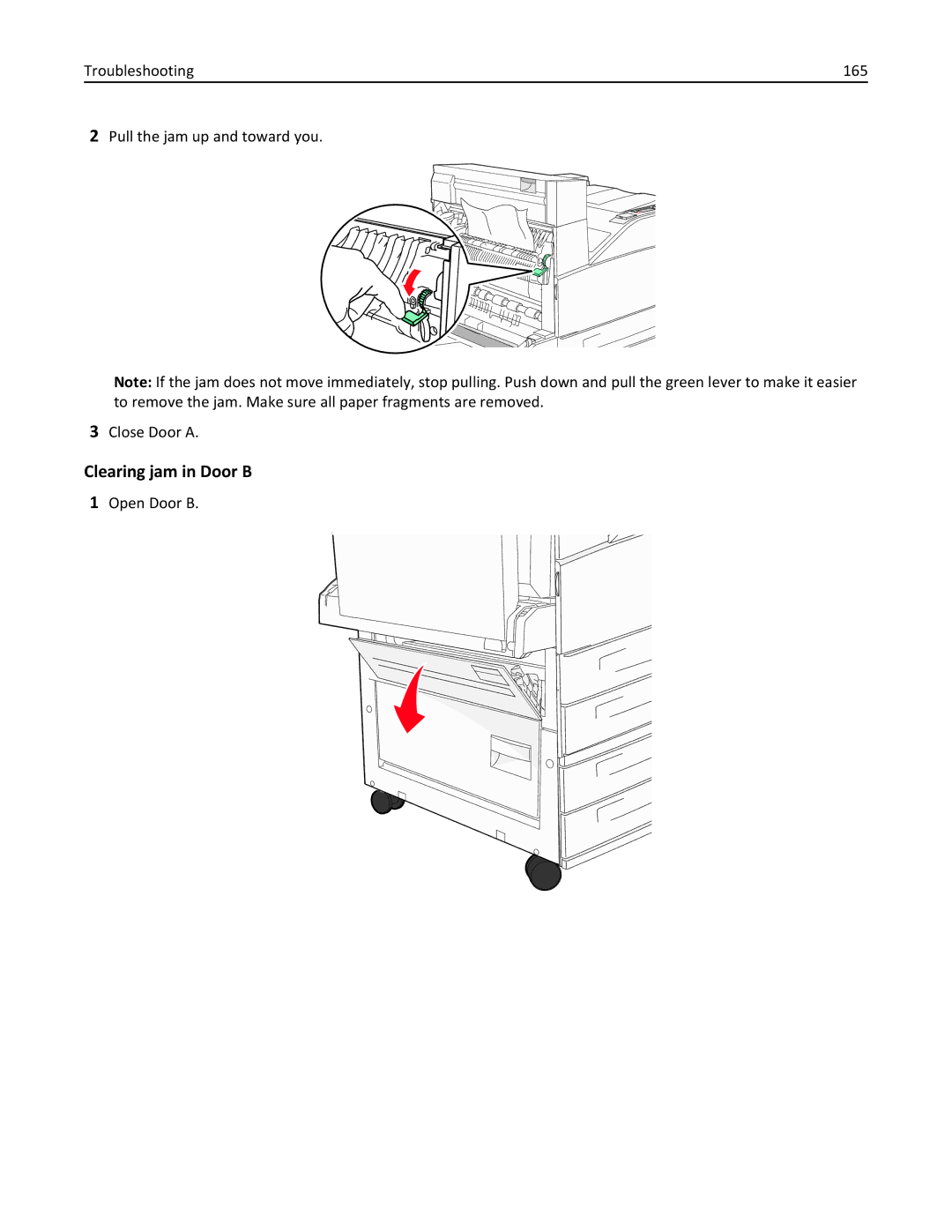 Lexmark 110, W850DN, 19Z0301 manual Clearing jam in Door B, Open Door B 