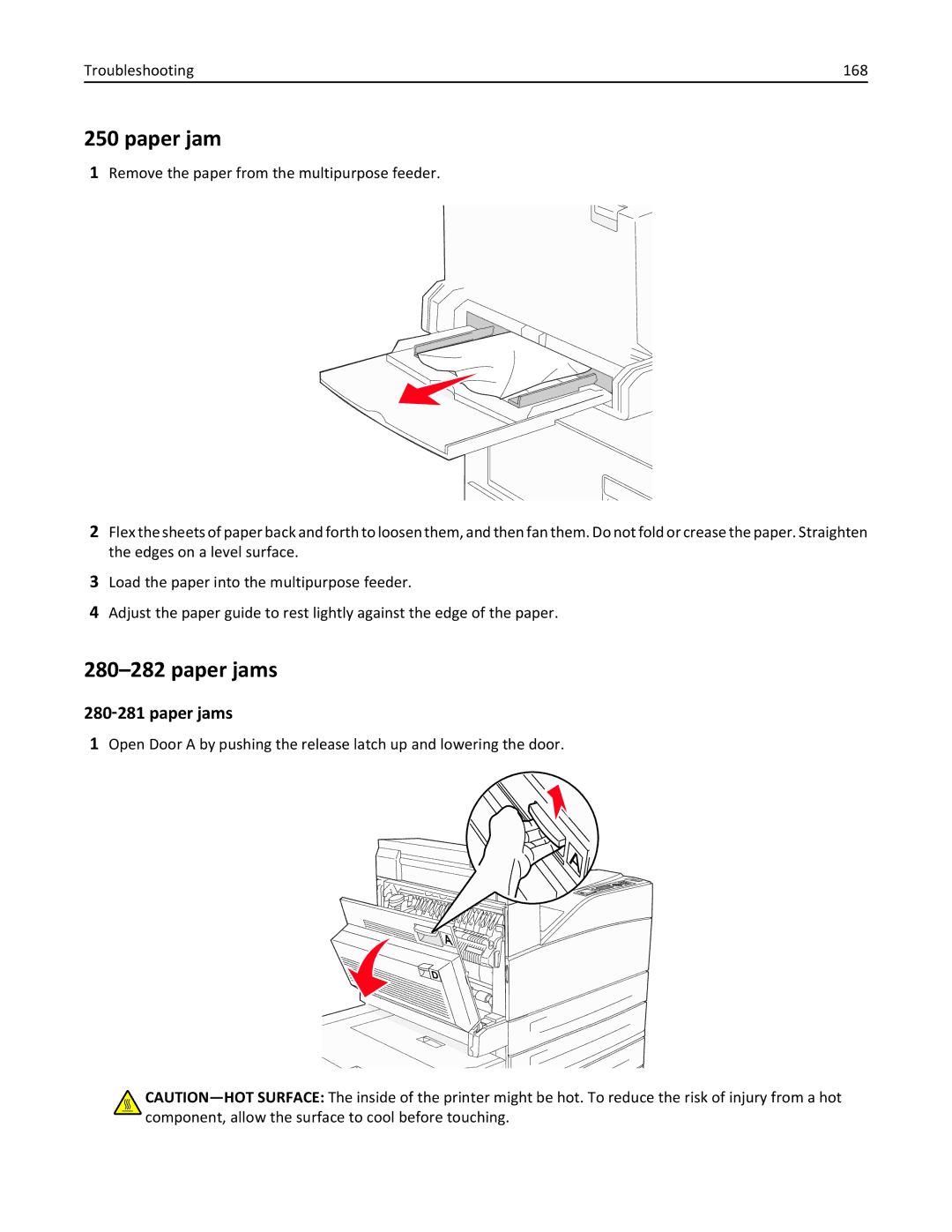 Lexmark 110, W850DN, 19Z0301 manual 280‑281 paper jams, Troubleshooting 168 
