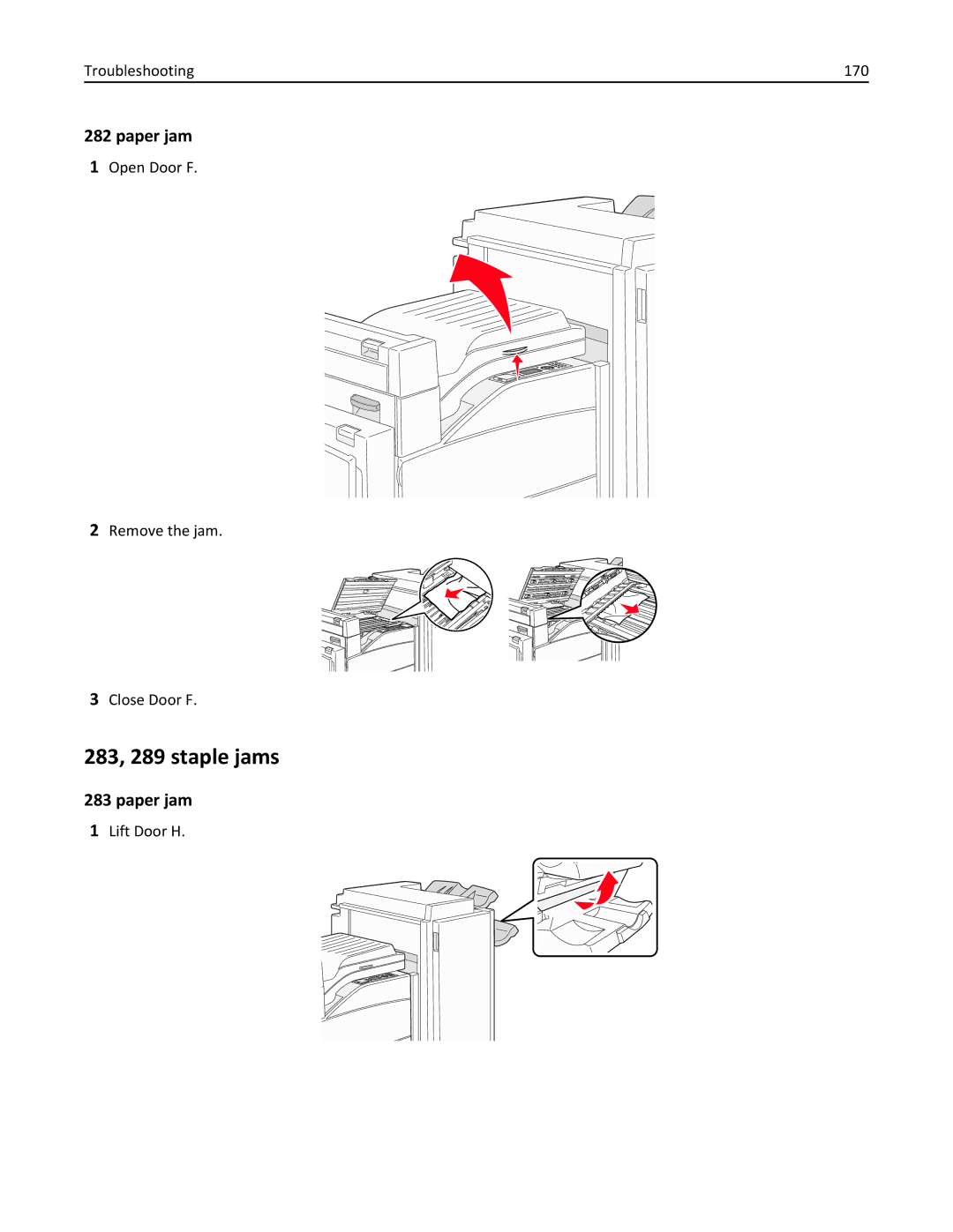 Lexmark 19Z0301, 110 manual 283, 289 staple jams, Troubleshooting 170, Open Door F Remove the jam Close Door F, Lift Door H 