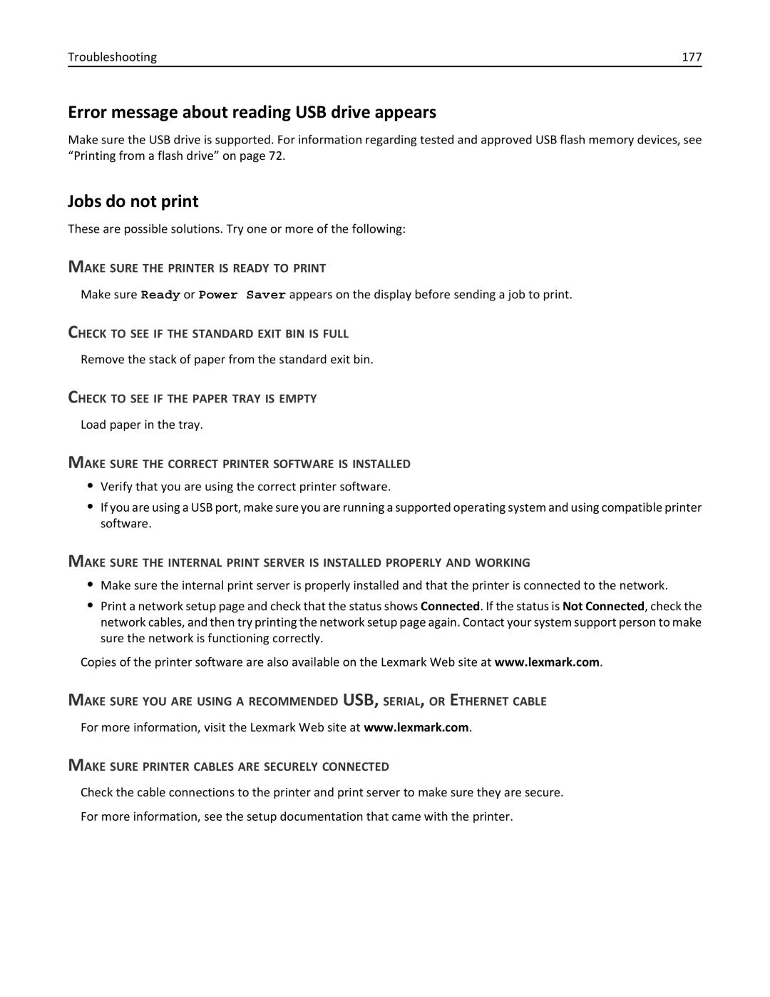 Lexmark 110, W850DN, 19Z0301 manual Error message about reading USB drive appears, Jobs do not print 