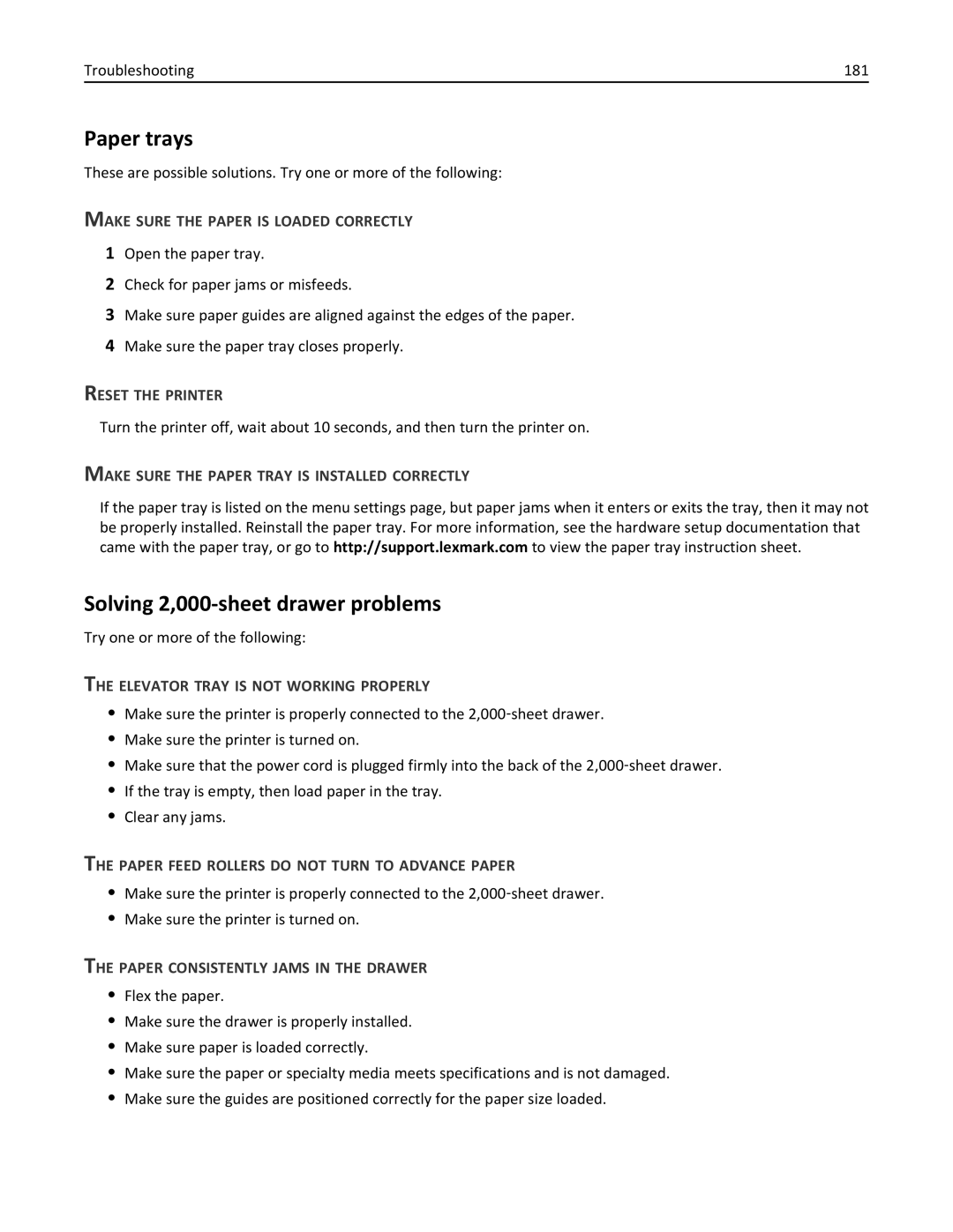 Lexmark W850DN, 110, 19Z0301 manual Paper trays, Solving 2,000-sheet drawer problems 