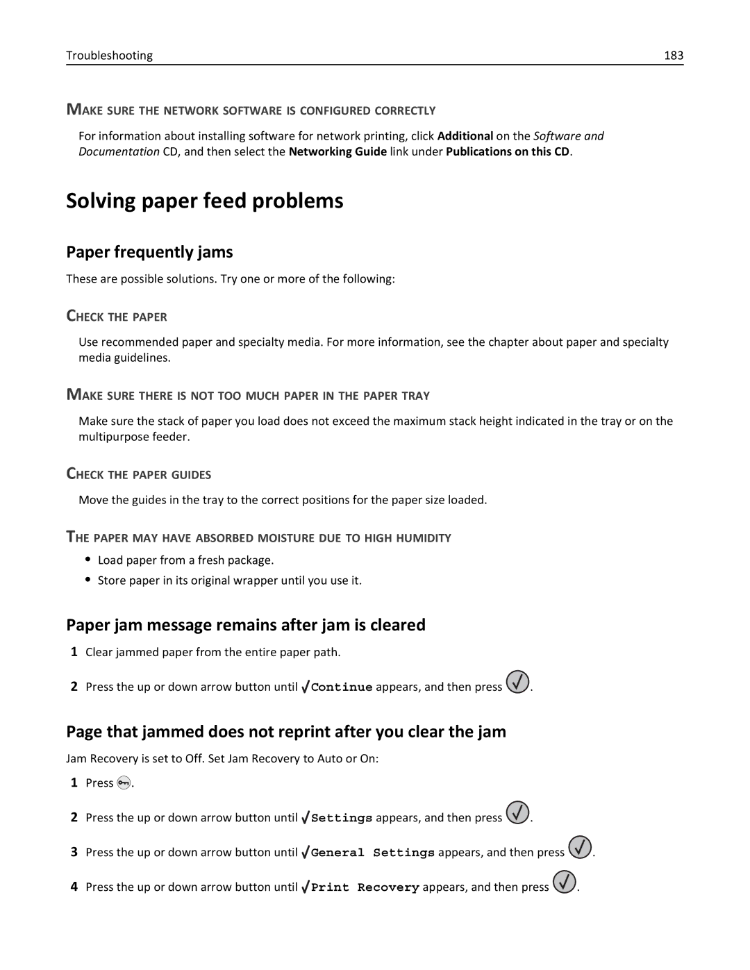 Lexmark 110, W850DN Solving paper feed problems, Paper frequently jams, Paper jam message remains after jam is cleared 