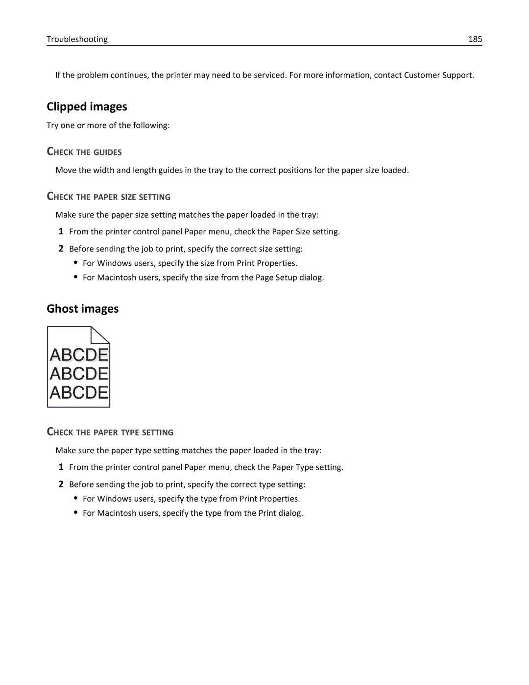 Lexmark 19Z0301, 110, W850DN manual Clipped images, Ghost images, Check the Guides, Check the Paper Size Setting 