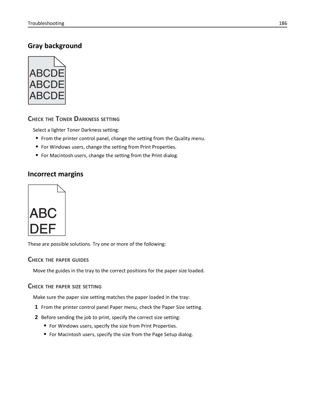 Lexmark 110, W850DN, 19Z0301 manual Gray background, Incorrect margins, Troubleshooting 186, Check the Toner Darkness Setting 