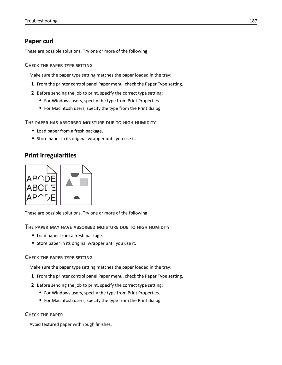 Lexmark W850DN Paper curl, Print irregularities, Troubleshooting 187, Paper has Absorbed Moisture DUE to High Humidity 