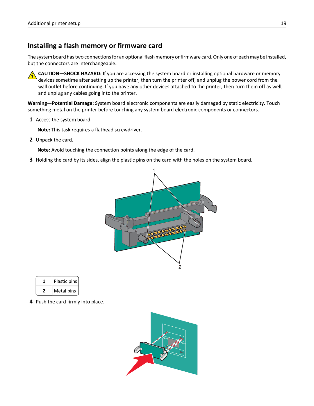 Lexmark W850DN, 110 Installing a flash memory or firmware card, Push the card firmly into place, Plastic pins, Metal pins 