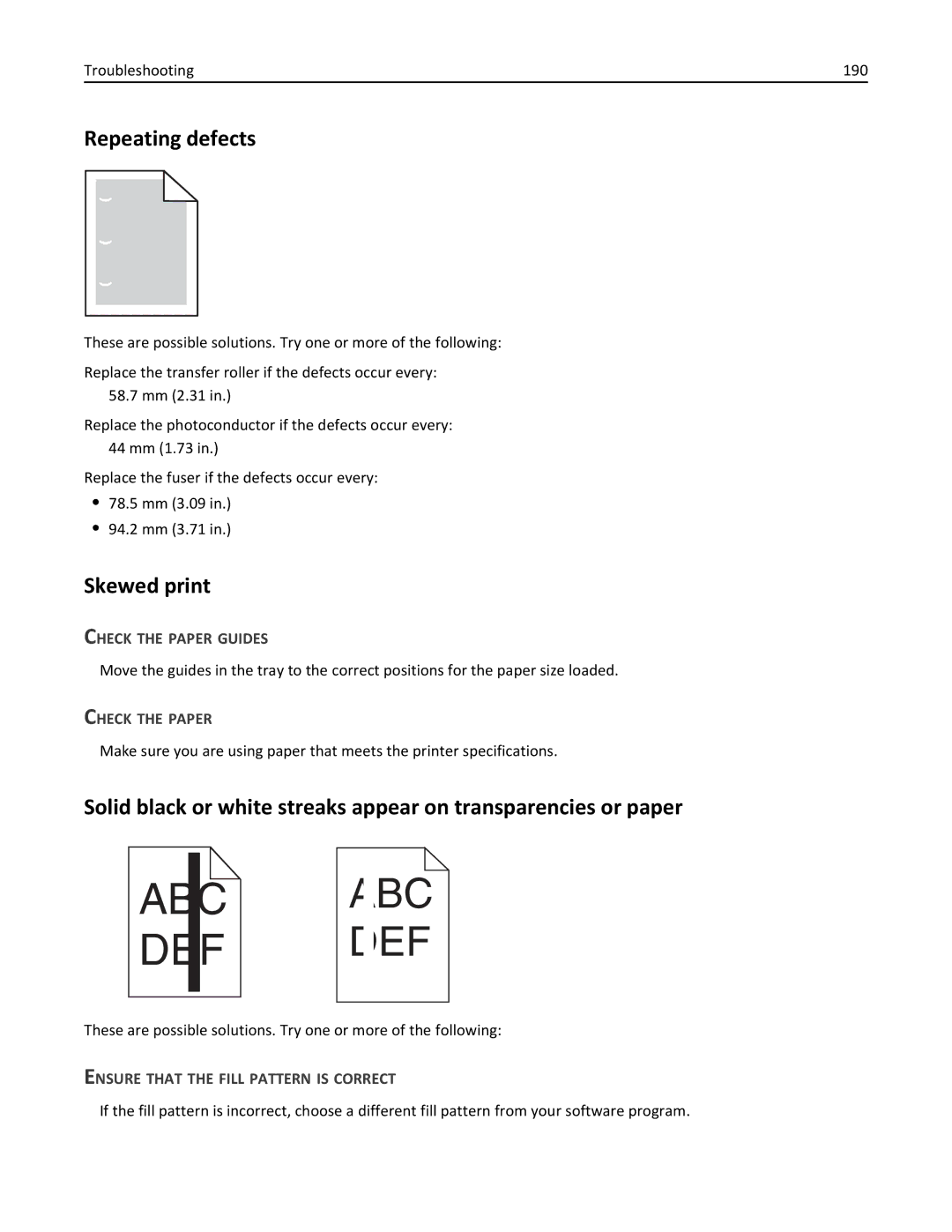 Lexmark W850DN, 110, 19Z0301 Repeating defects, Skewed print, Troubleshooting 190, Ensure That the Fill Pattern is Correct 