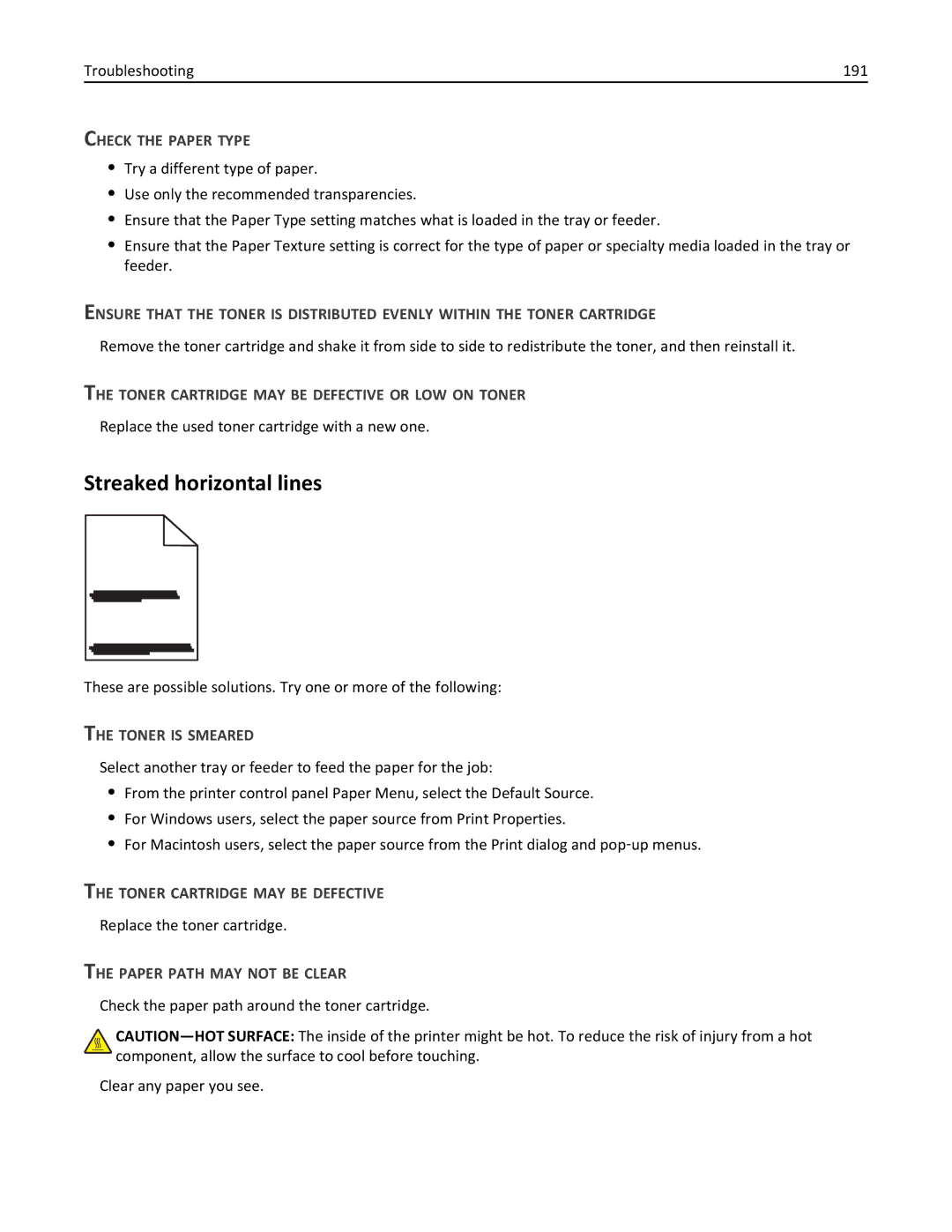 Lexmark 19Z0301, 110 Streaked horizontal lines, Check the Paper Type, Toner Cartridge MAY be Defective or LOW on Toner 