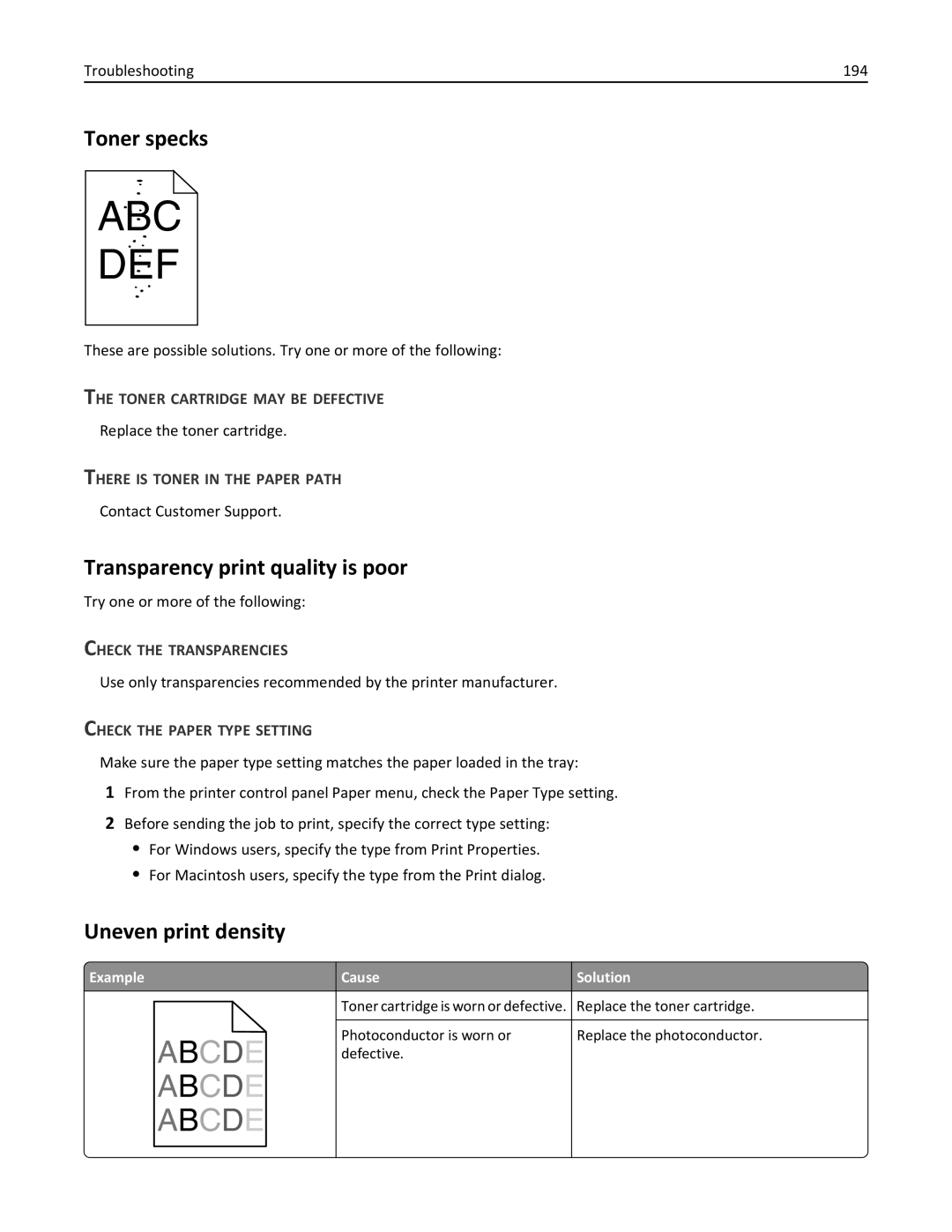Lexmark 19Z0301, 110, W850DN Toner specks, Transparency print quality is poor, Uneven print density, Troubleshooting 194 