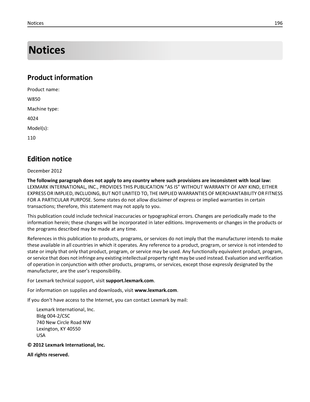 Lexmark W850DN, 19Z0301 Product information, Edition notice, 196, Product name W850 Machine type 4024 Models 110, December 