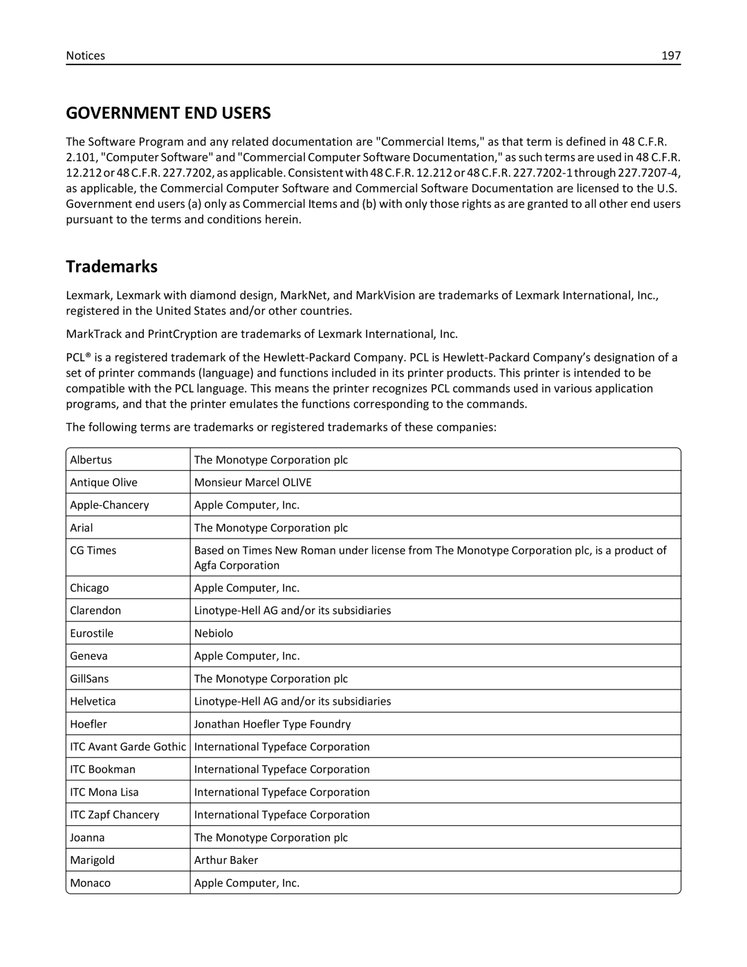 Lexmark 19Z0301, 110, W850DN manual Trademarks, 197 