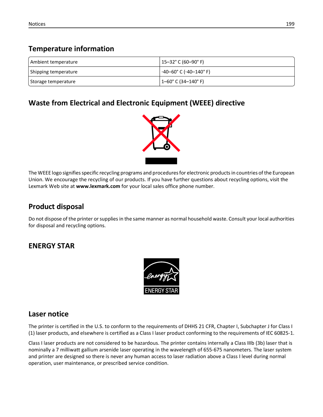 Lexmark W850DN, 110, 19Z0301 manual Temperature information, Laser notice, 199 