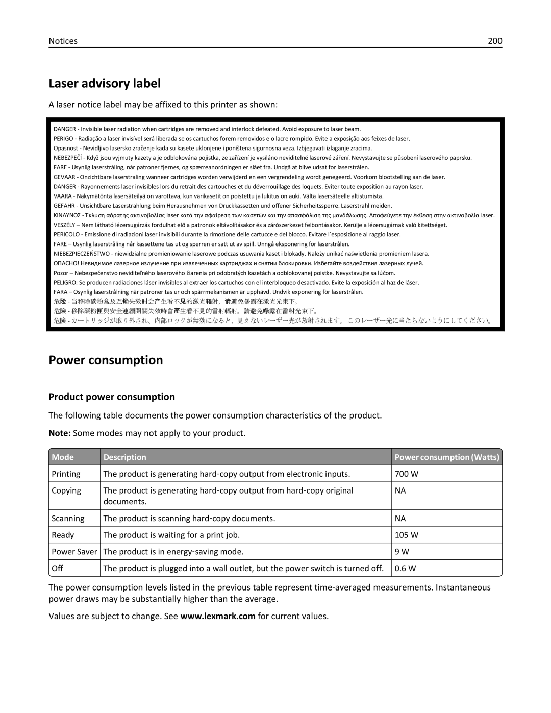 Lexmark 19Z0301, 110, W850DN manual Laser advisory label, Power consumption, Product power consumption, 200 