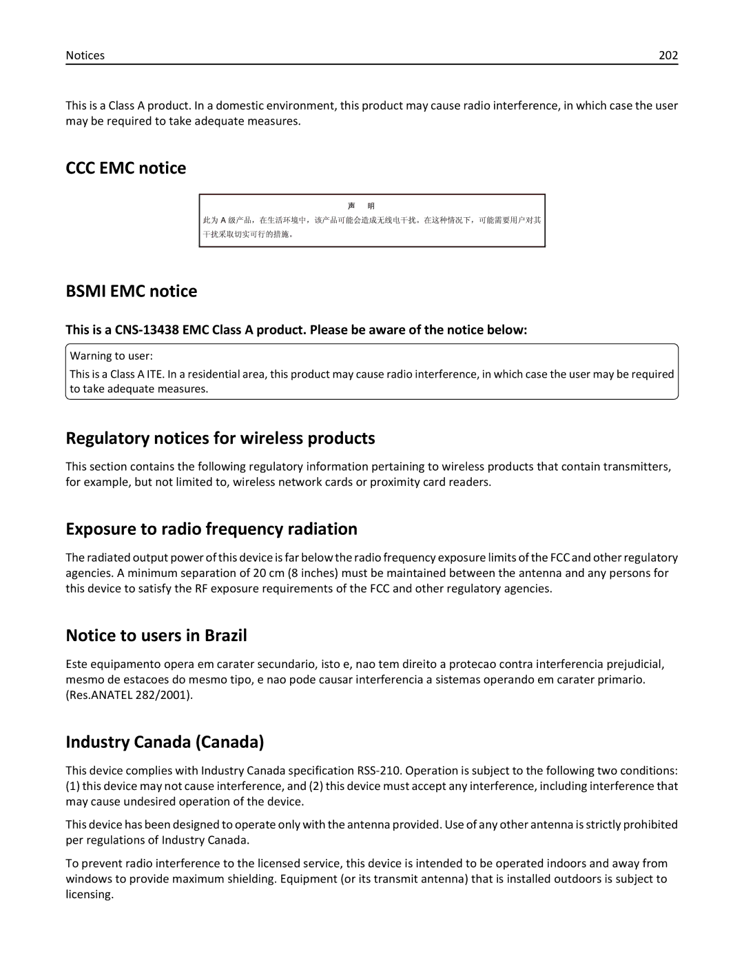 Lexmark W850DN, 110 CCC EMC notice Bsmi EMC notice, Regulatory notices for wireless products, Industry Canada Canada, 202 