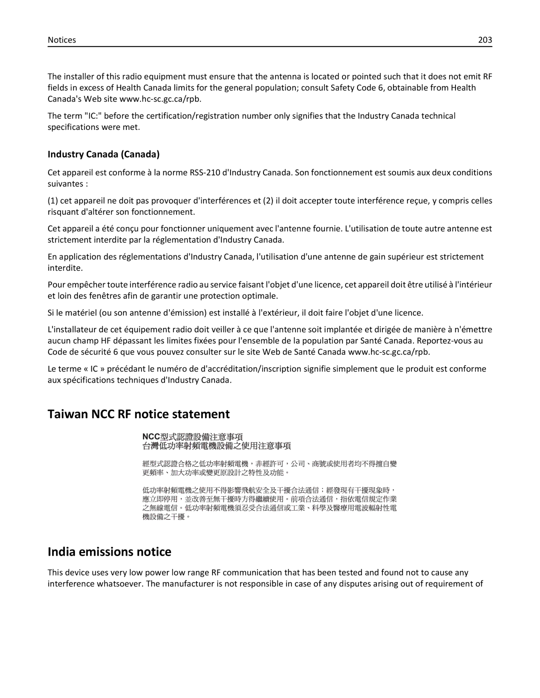 Lexmark 19Z0301, 110, W850DN manual Taiwan NCC RF notice statement India emissions notice, Industry Canada Canada, 203 