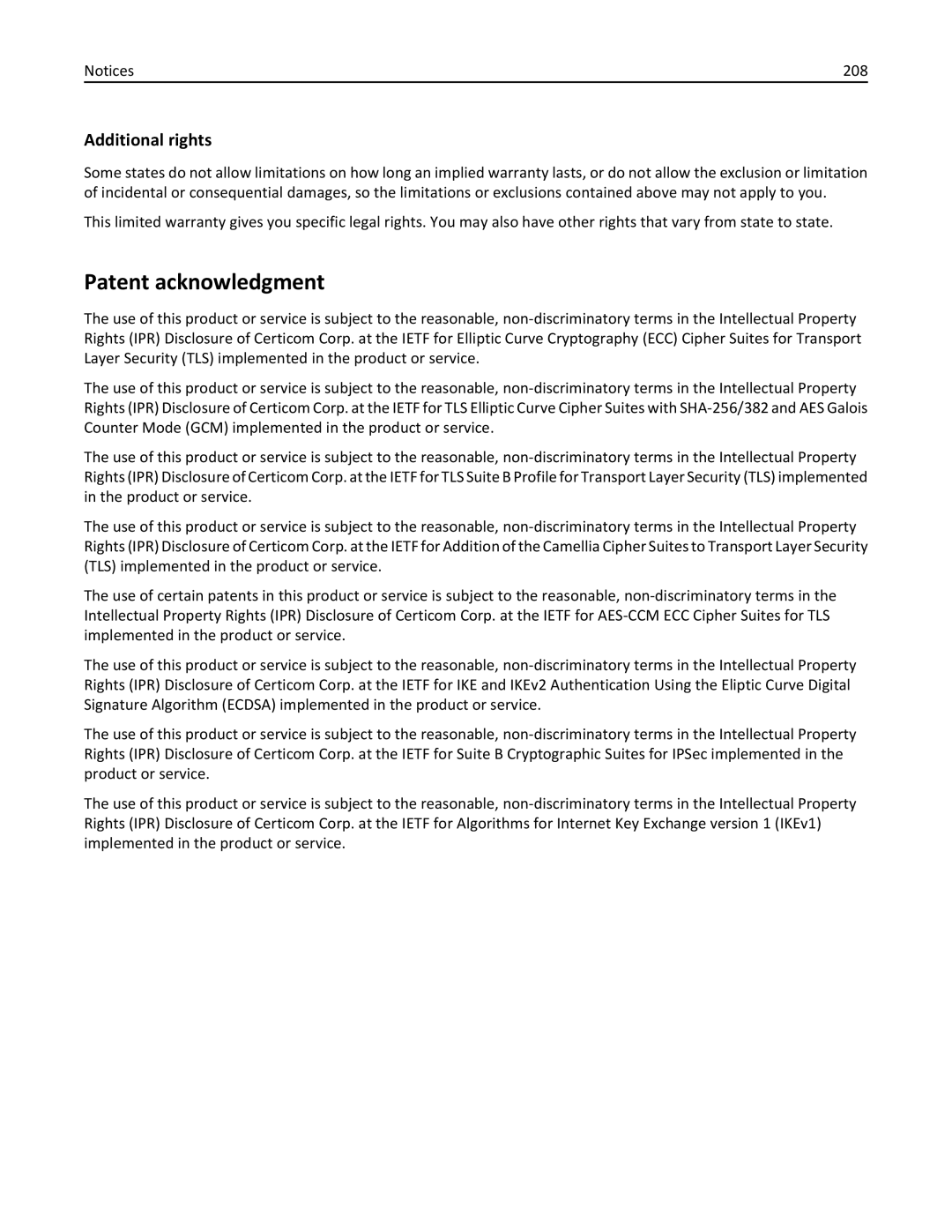 Lexmark W850DN, 110, 19Z0301 manual Patent acknowledgment, Additional rights, 208 