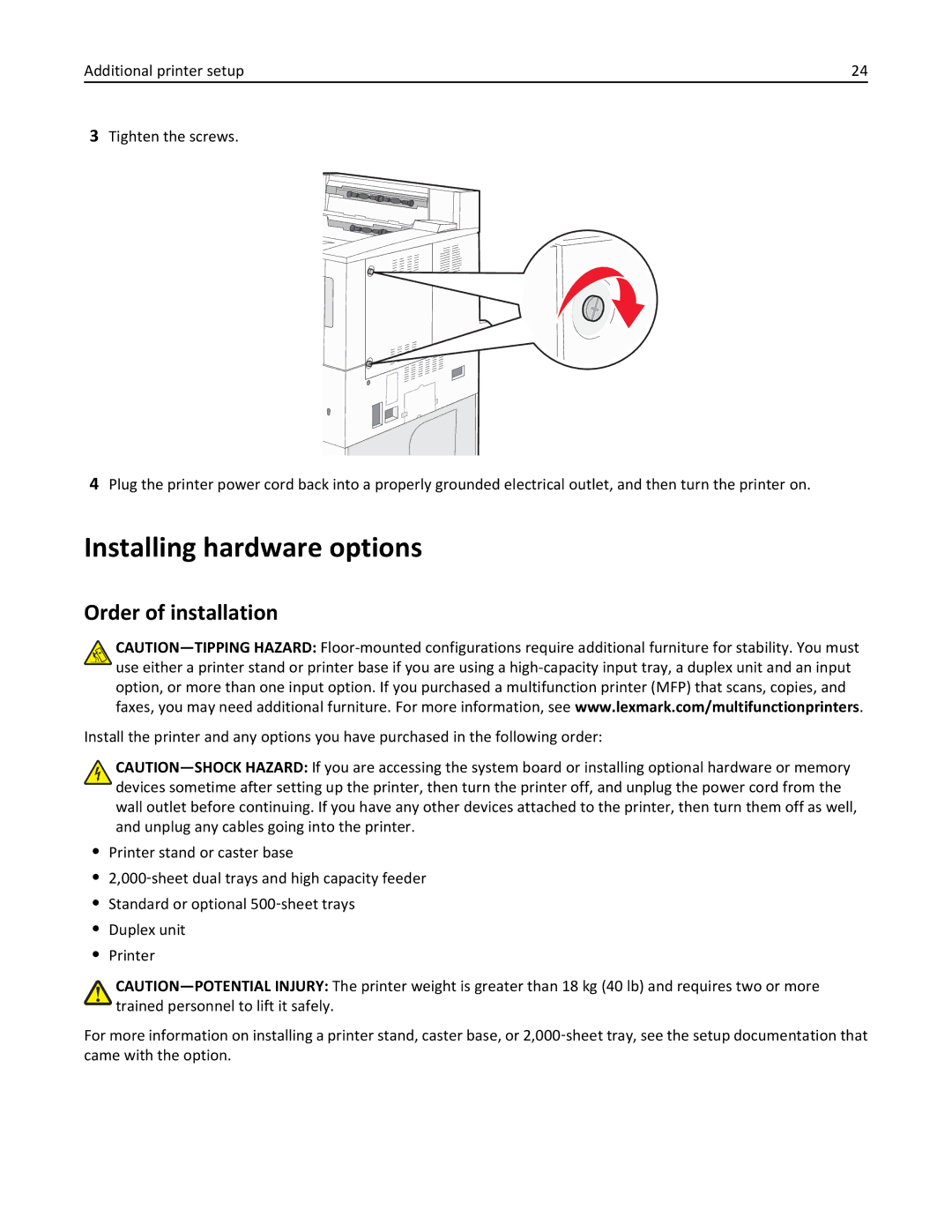 Lexmark 110, W850DN, 19Z0301 manual Installing hardware options, Order of installation 