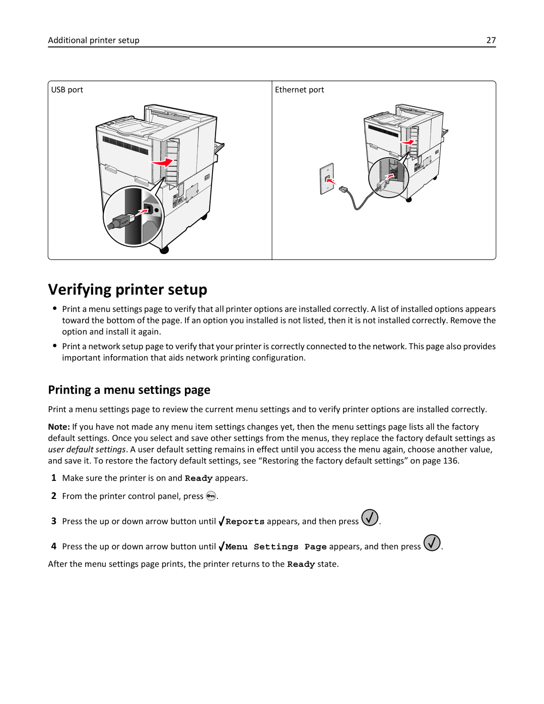 Lexmark 110, W850DN, 19Z0301 manual Verifying printer setup, Printing a menu settings 