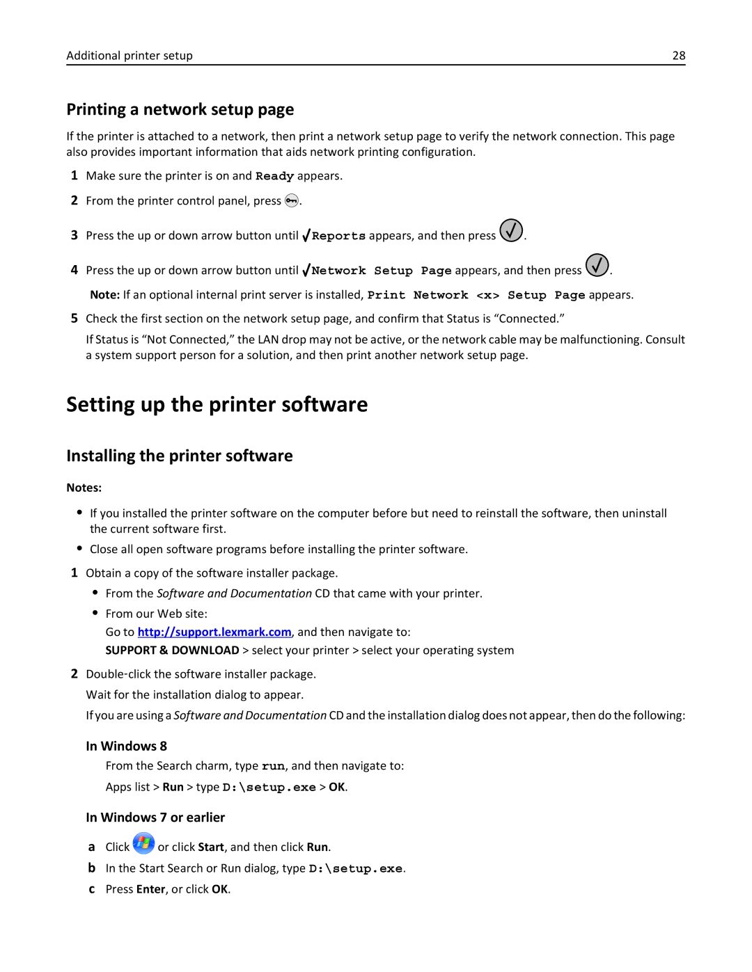 Lexmark W850DN, 110 Setting up the printer software, Printing a network setup, Installing the printer software, Windows 