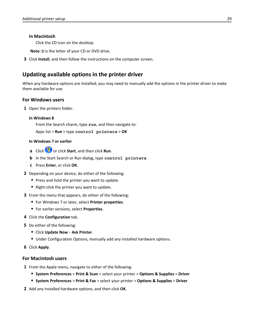 Lexmark 19Z0301, 110, W850DN manual Updating available options in the printer driver, Macintosh, Open the printers folder 