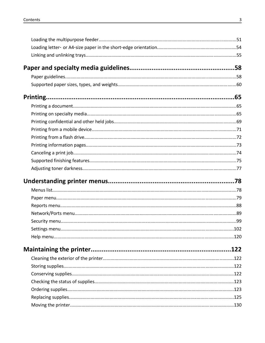 Lexmark 110 manual Paper and specialty media guidelines, Printing, Understanding printer menus, Maintaining the printer 122 