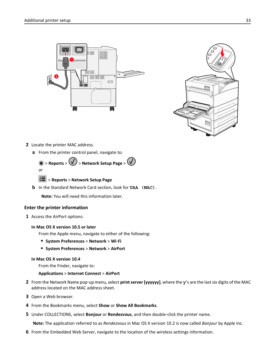 Lexmark 110 Enter the printer information, Standard Network Card section, look for UAA MAC, Access the AirPort options 