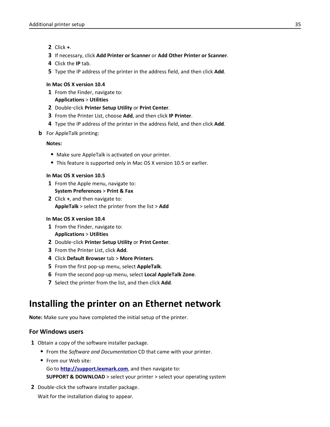 Lexmark 19Z0301, 110, W850DN manual Installing the printer on an Ethernet network, Additional printer setup Click + 