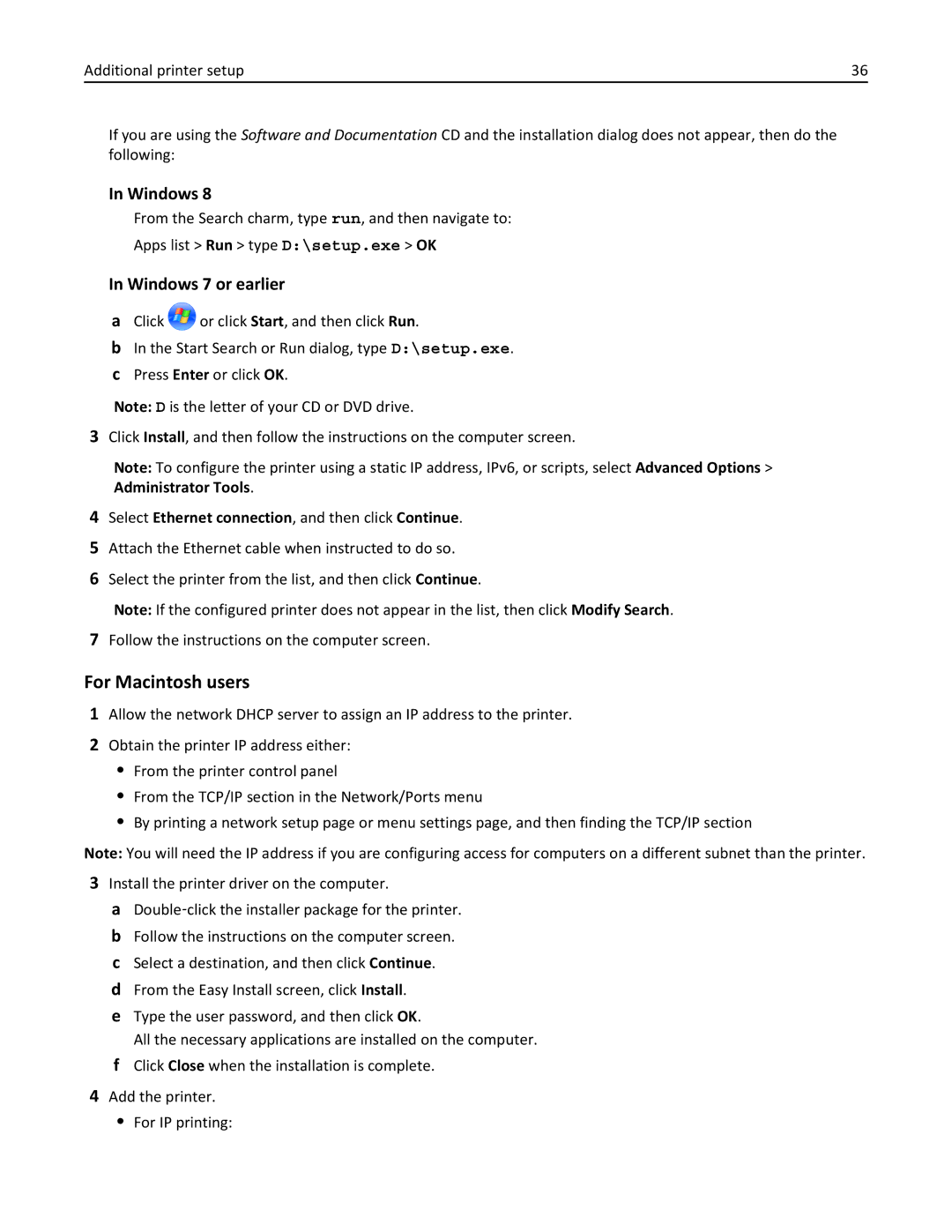 Lexmark 110, W850DN, 19Z0301 manual Select Ethernet connection, and then click Continue 