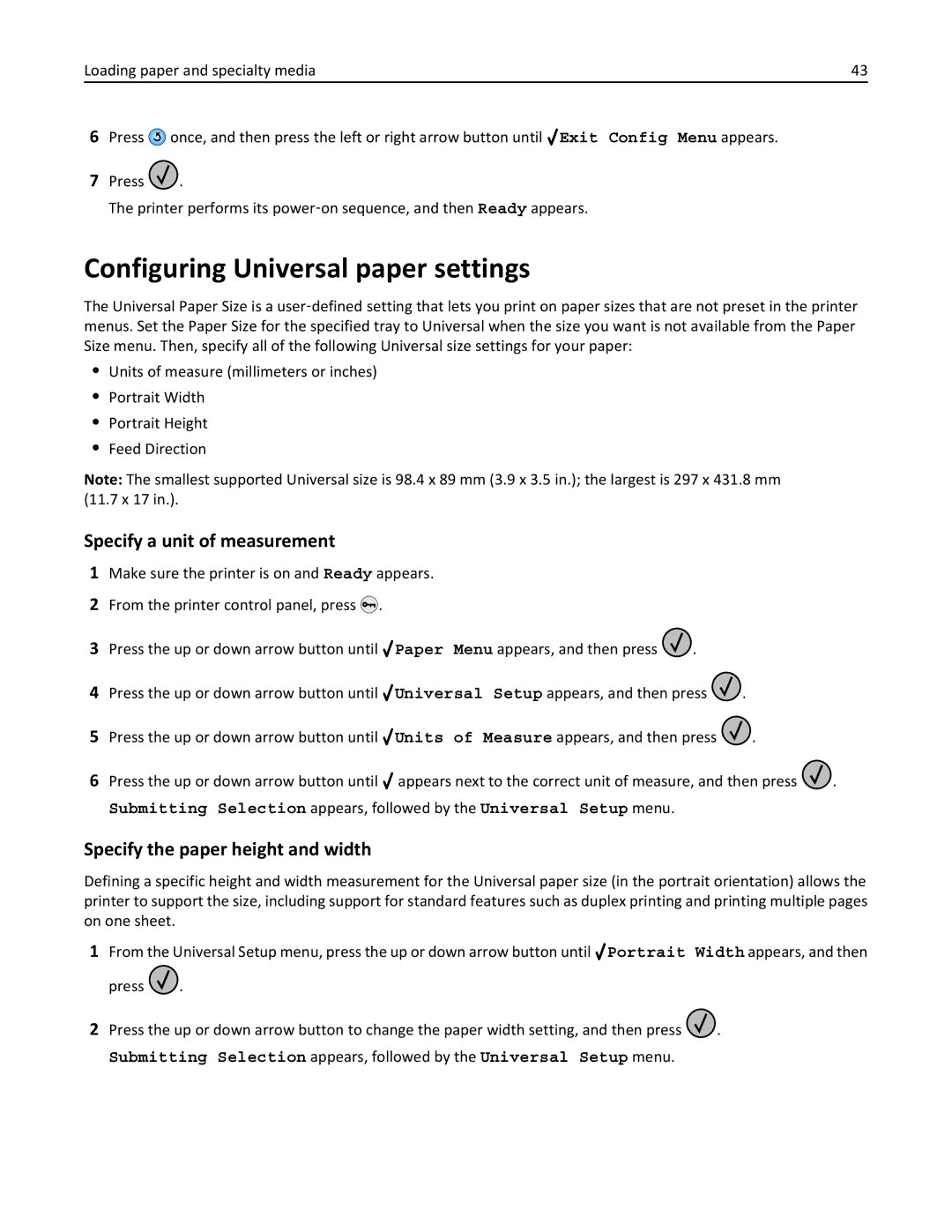 Lexmark W850DN, 110, 19Z0301 manual Configuring Universal paper settings, Specify a unit of measurement 