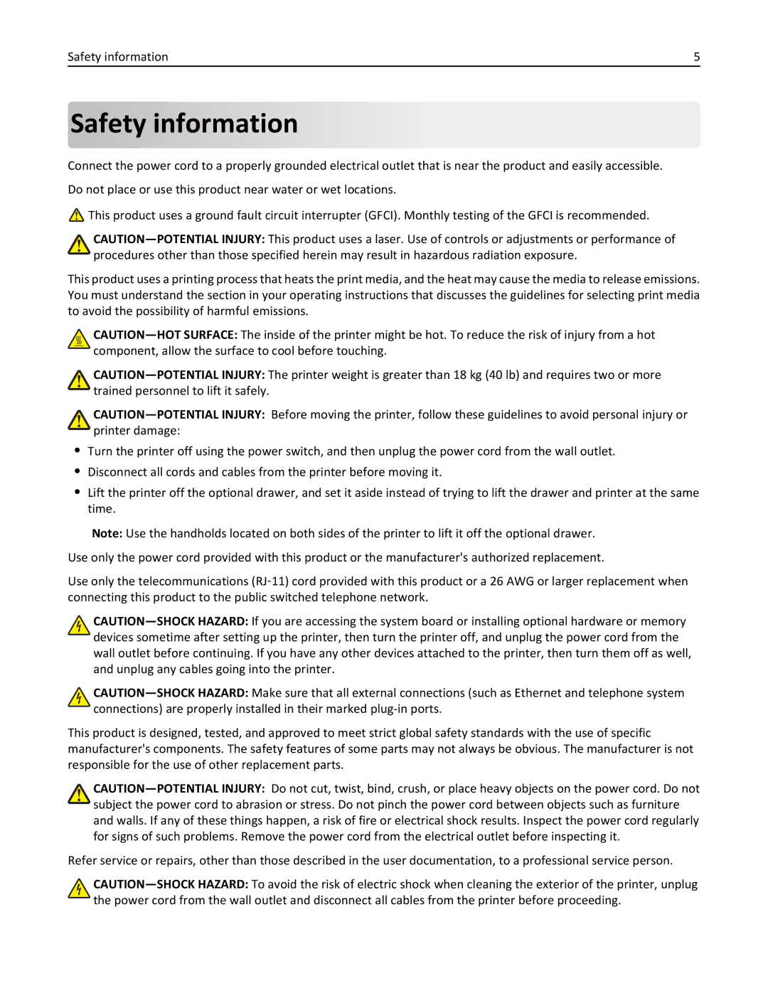 Lexmark 19Z0301, 110, W850DN manual Safety information 