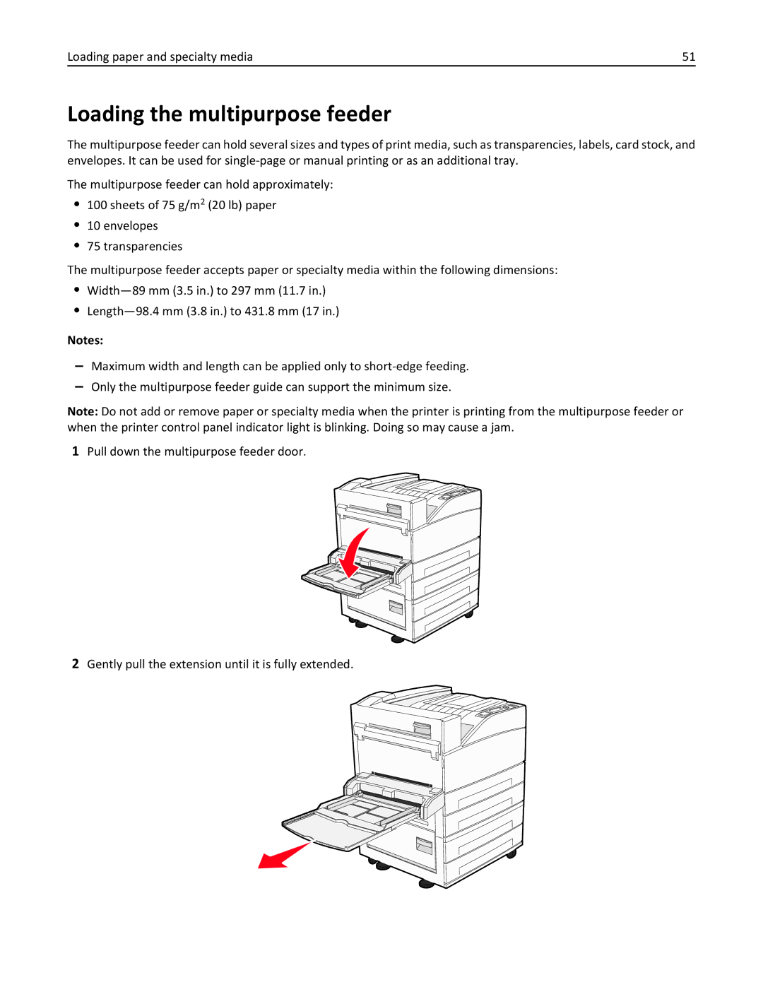 Lexmark 110, W850DN, 19Z0301 manual Loading the multipurpose feeder 