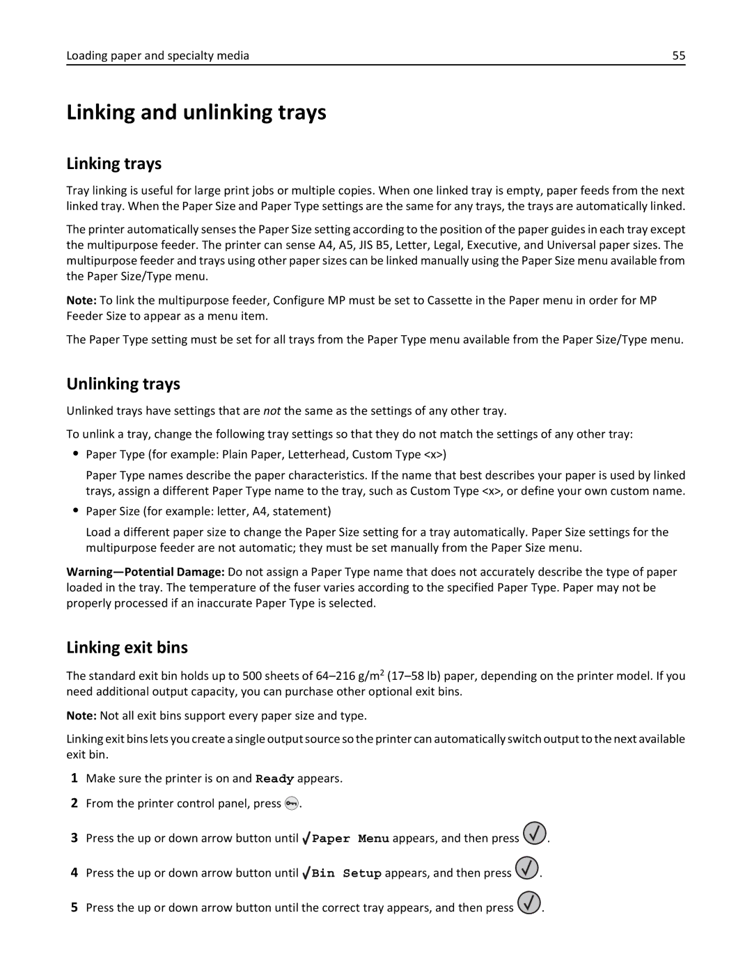 Lexmark W850DN, 110, 19Z0301 manual Linking and unlinking trays, Linking trays, Unlinking trays, Linking exit bins 