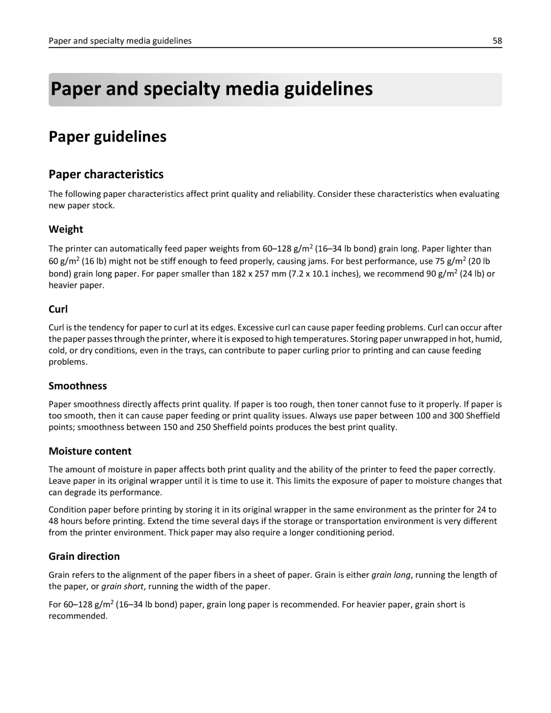 Lexmark W850DN, 110, 19Z0301 manual Paper guidelines, Paper characteristics, Paper and specialty media guidelines 