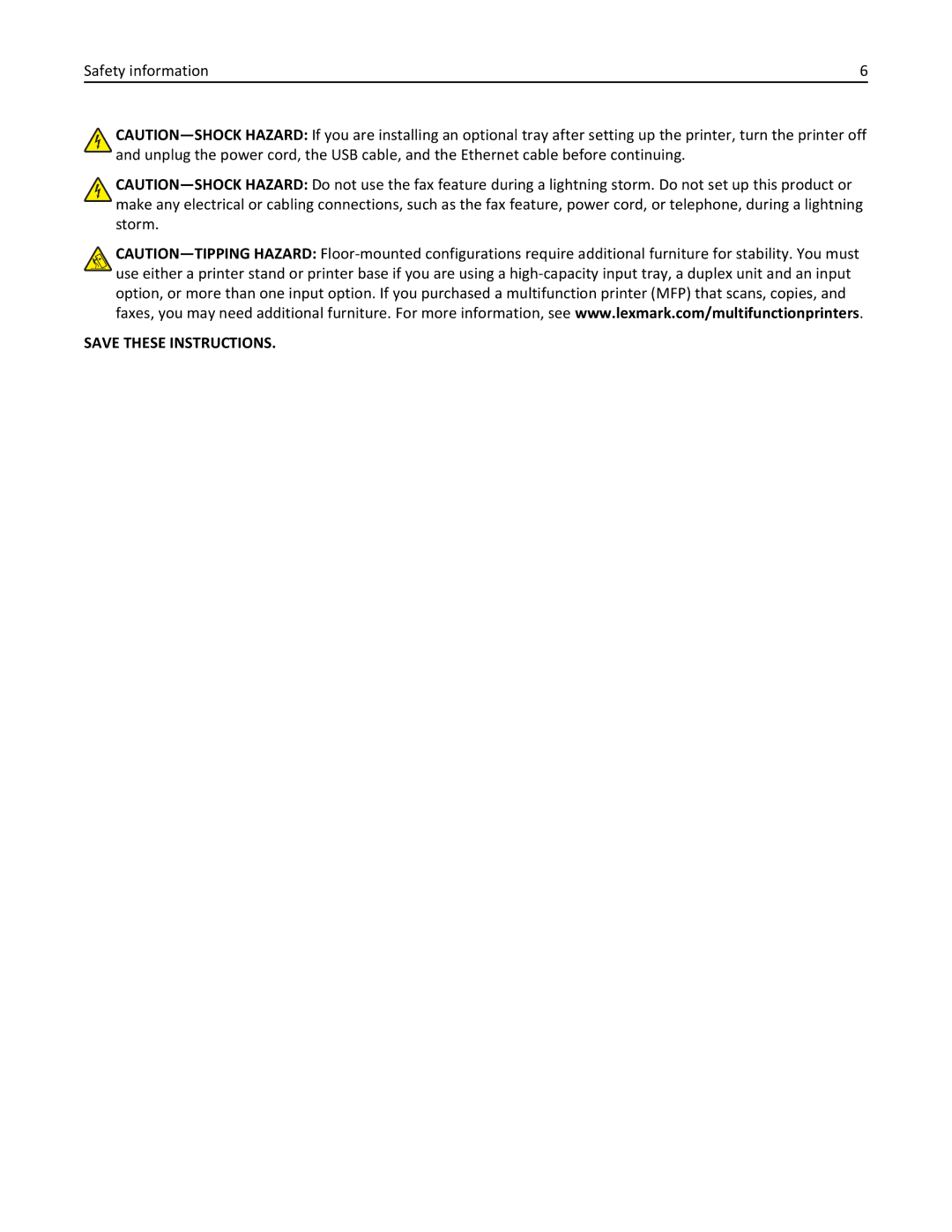 Lexmark 110, W850DN, 19Z0301 manual Safety information 