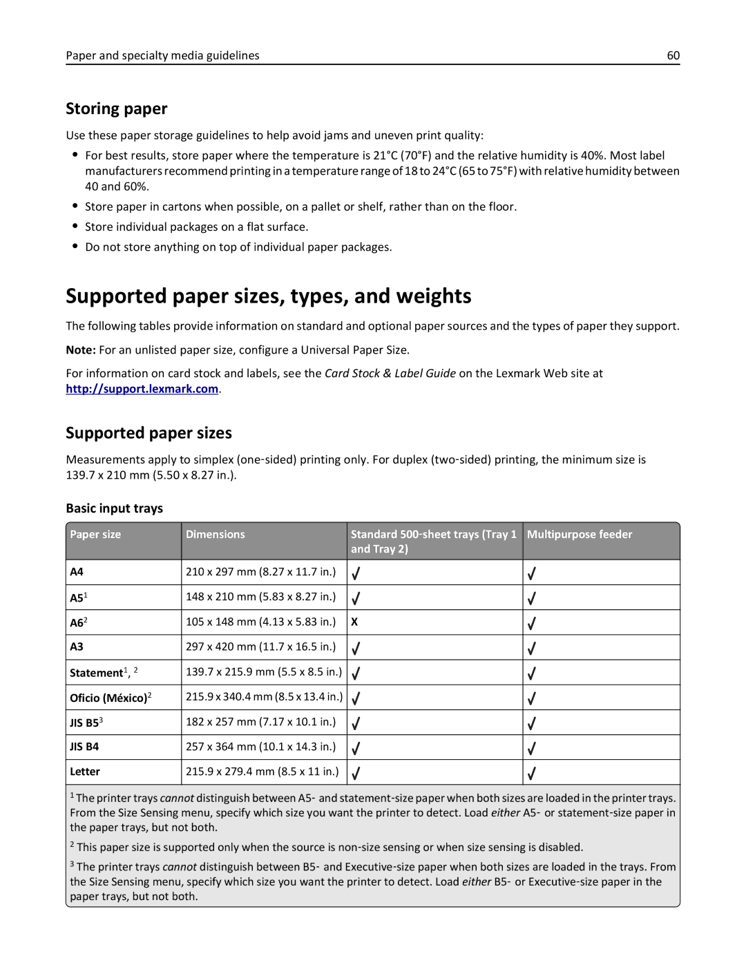 Lexmark 110, W850DN, 19Z0301 manual Supported paper sizes, types, and weights, Storing paper, Basic input trays 