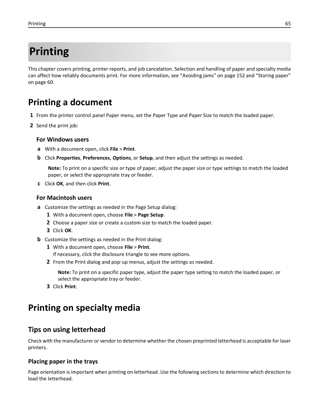 Lexmark 19Z0301, 110, W850DN manual Printing a document, Printing on specialty media, Tips on using letterhead 