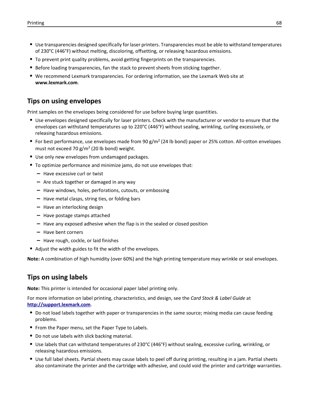 Lexmark 19Z0301, 110, W850DN manual Tips on using envelopes, Tips on using labels 