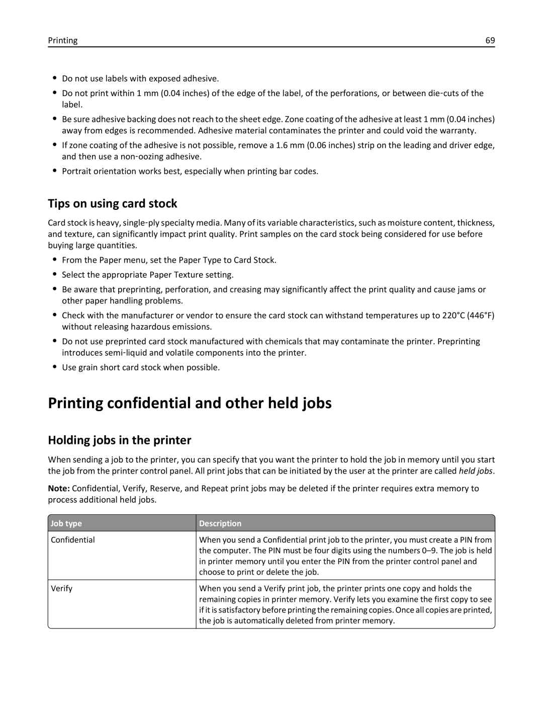 Lexmark 110, W850DN manual Printing confidential and other held jobs, Tips on using card stock, Holding jobs in the printer 