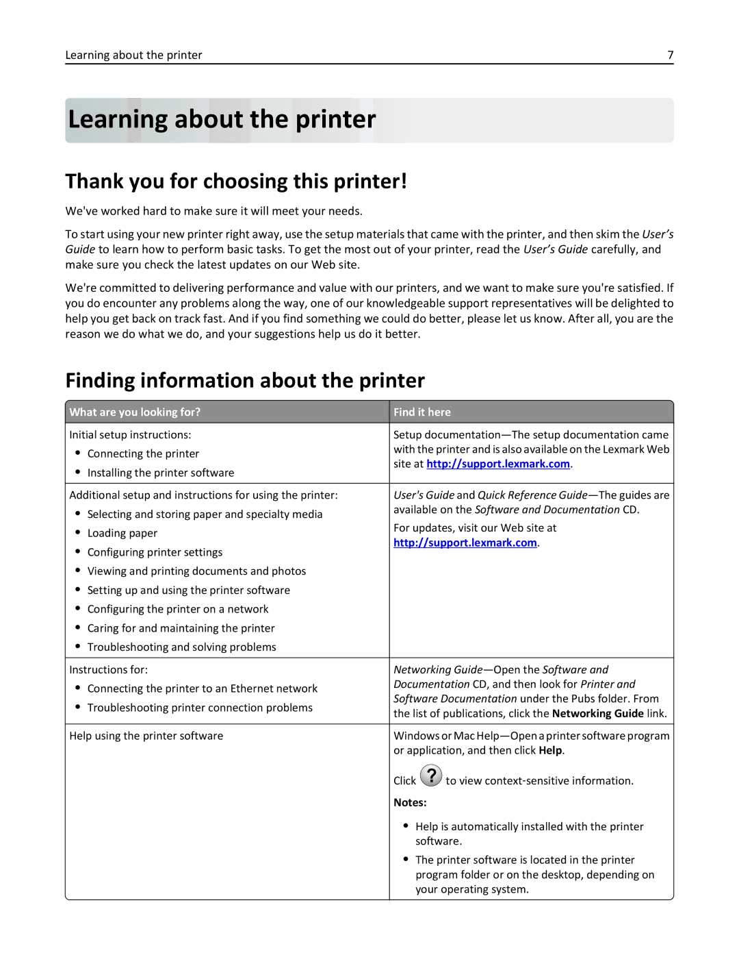 Lexmark W850DN, 110 Thank you for choosing this printer, Finding information about the printer, Learning about the printer 