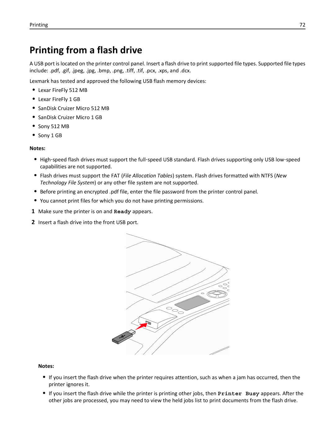 Lexmark 110, W850DN, 19Z0301 manual Printing from a flash drive 