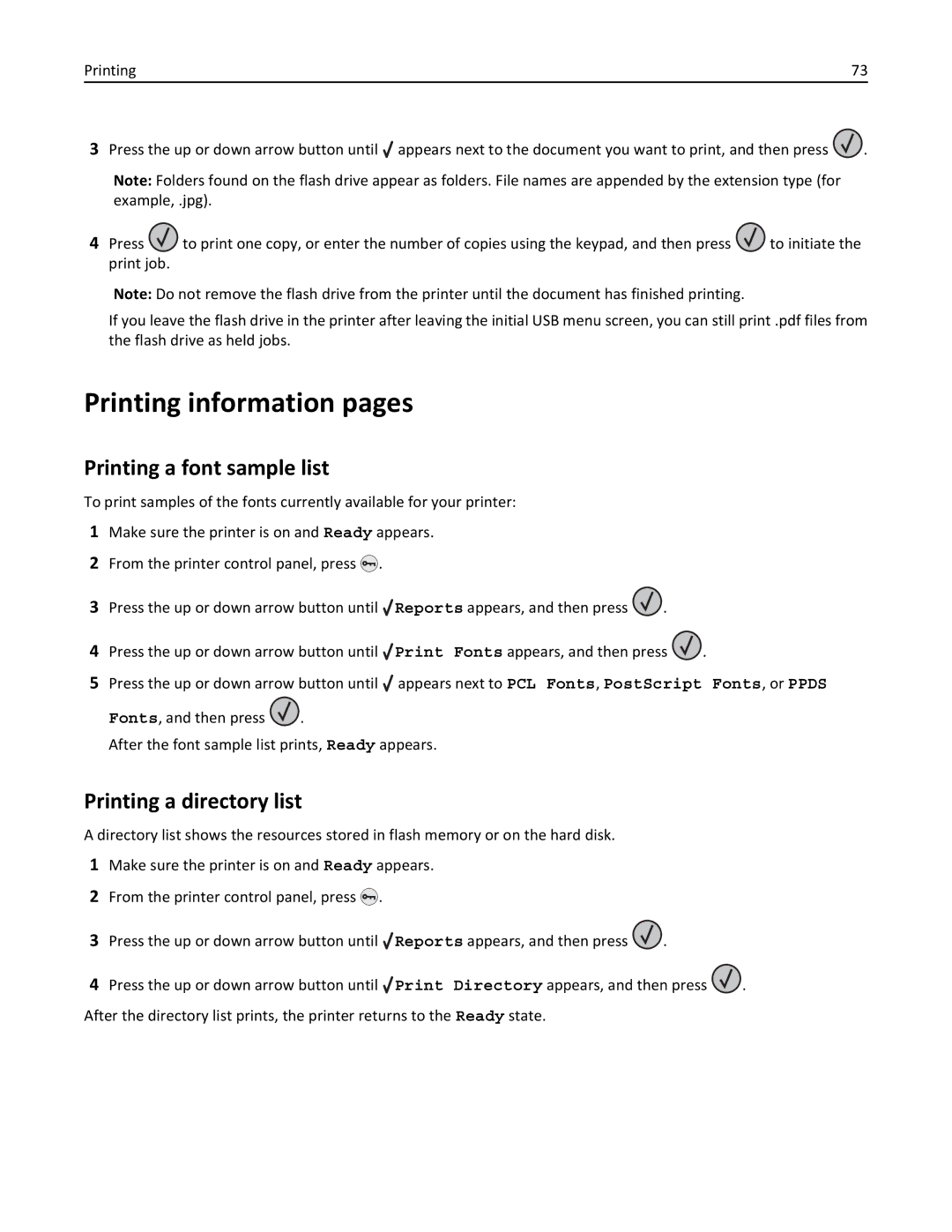 Lexmark W850DN, 110, 19Z0301 manual Printing information pages, Printing a font sample list, Printing a directory list 