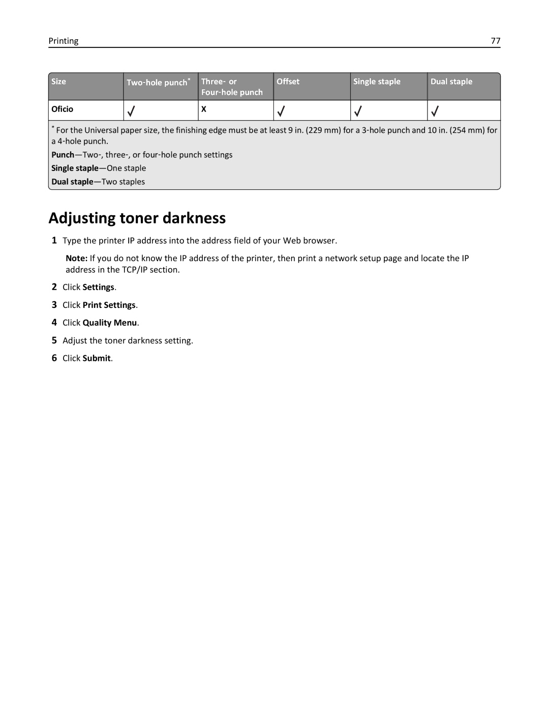 Lexmark 19Z0301, 110, W850DN manual Adjusting toner darkness, Adjust the toner darkness setting Click Submit 