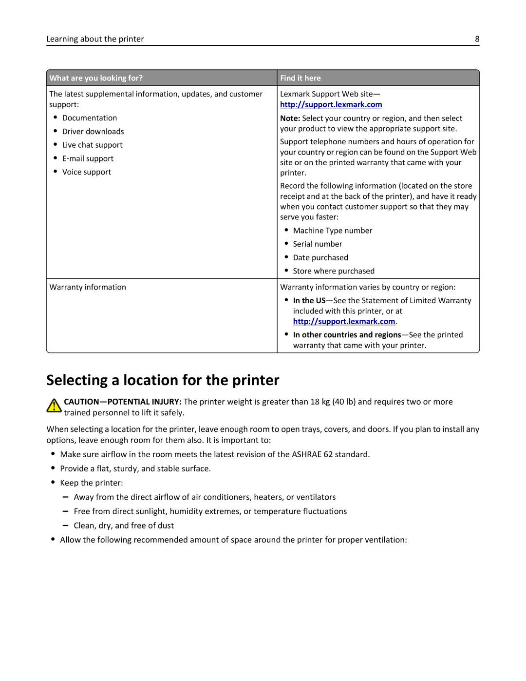 Lexmark 19Z0301, 110, W850DN manual Selecting a location for the printer, Other countries and regions -See the printed 