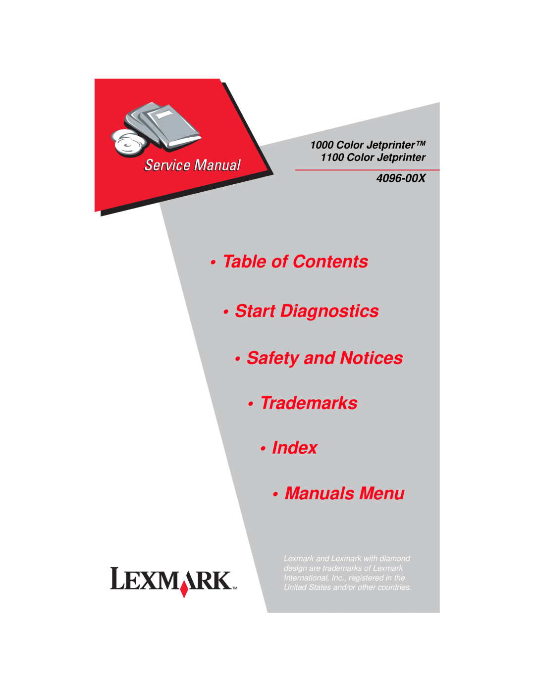 Lexmark 1000, 1100 manual Table of Contents Start Diagnostics, Safety and Notices Trademarks Index, Manuals Menu, 4096-00X 