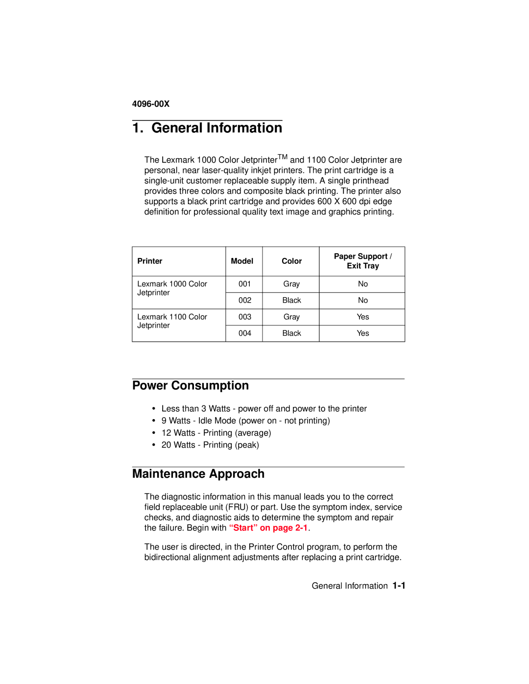 Lexmark 1000, 1100 manual General Information, Power Consumption, Maintenance Approach 