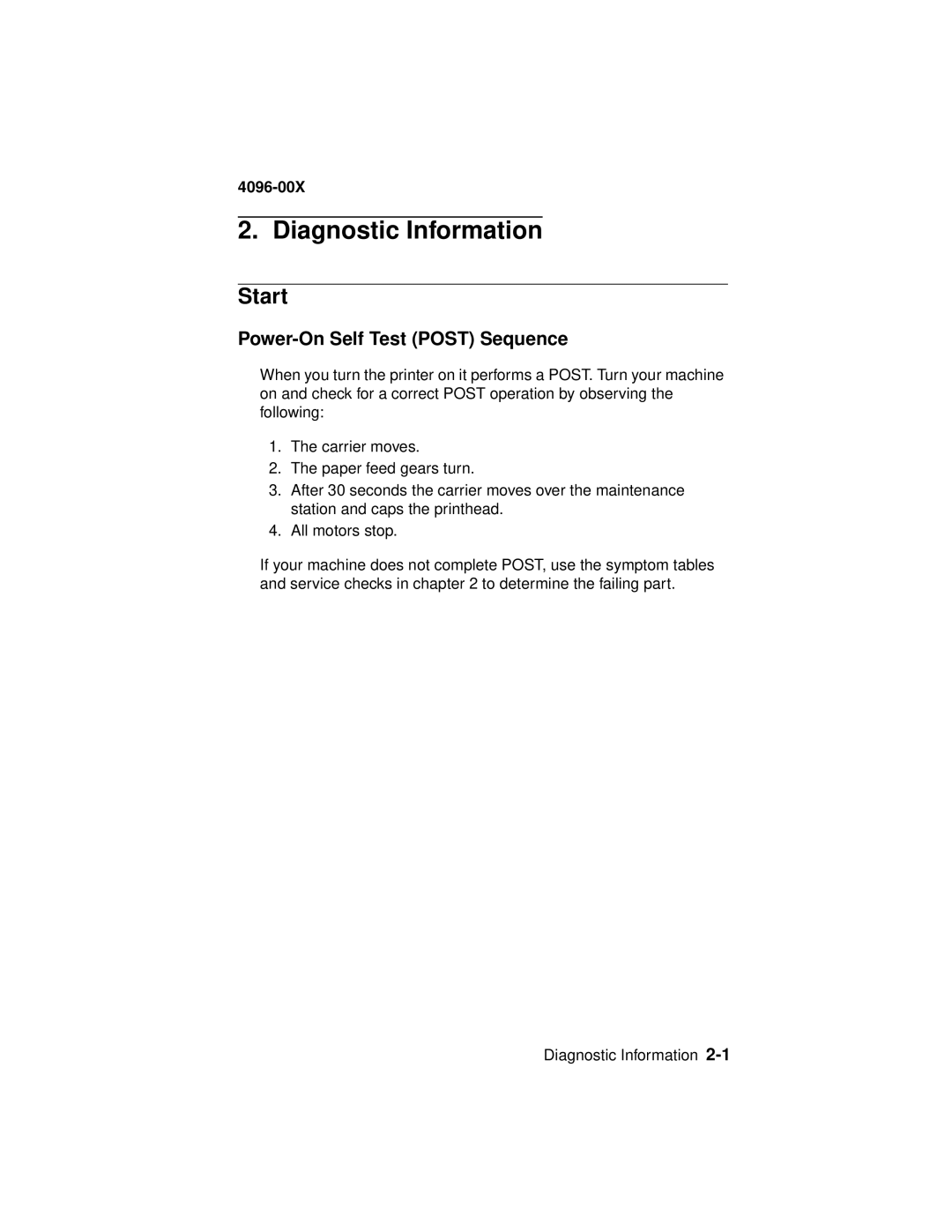 Lexmark 1000, 1100 manual Diagnostic Information, Start, Power-On Self Test Post Sequence 